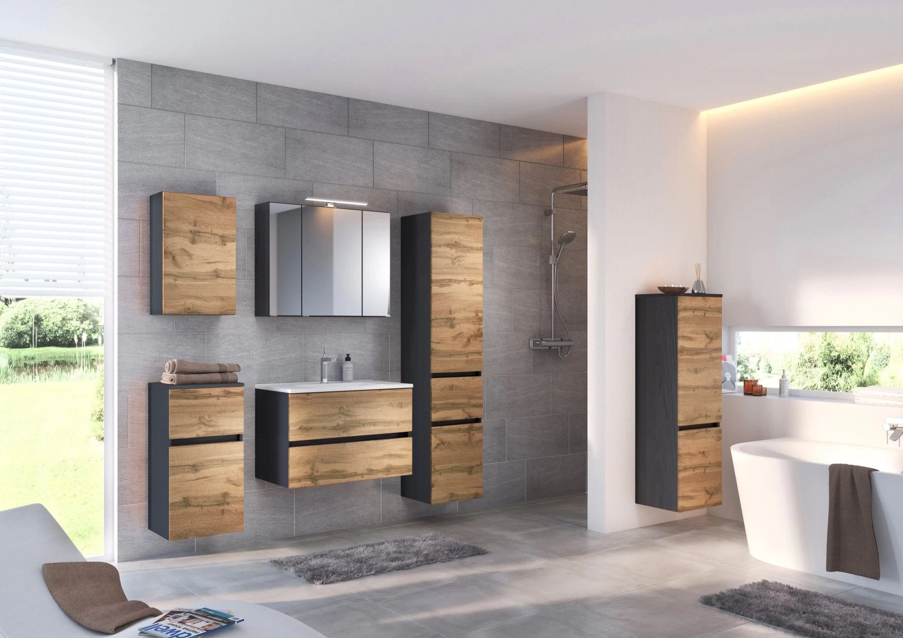 Meuble Vasque Luna 80cm 2 Tiroirs - Graphite/chêne 2 Meuble Vasque Luna 80cm 2 Tiroirs - Graphite/chêne – Image 2