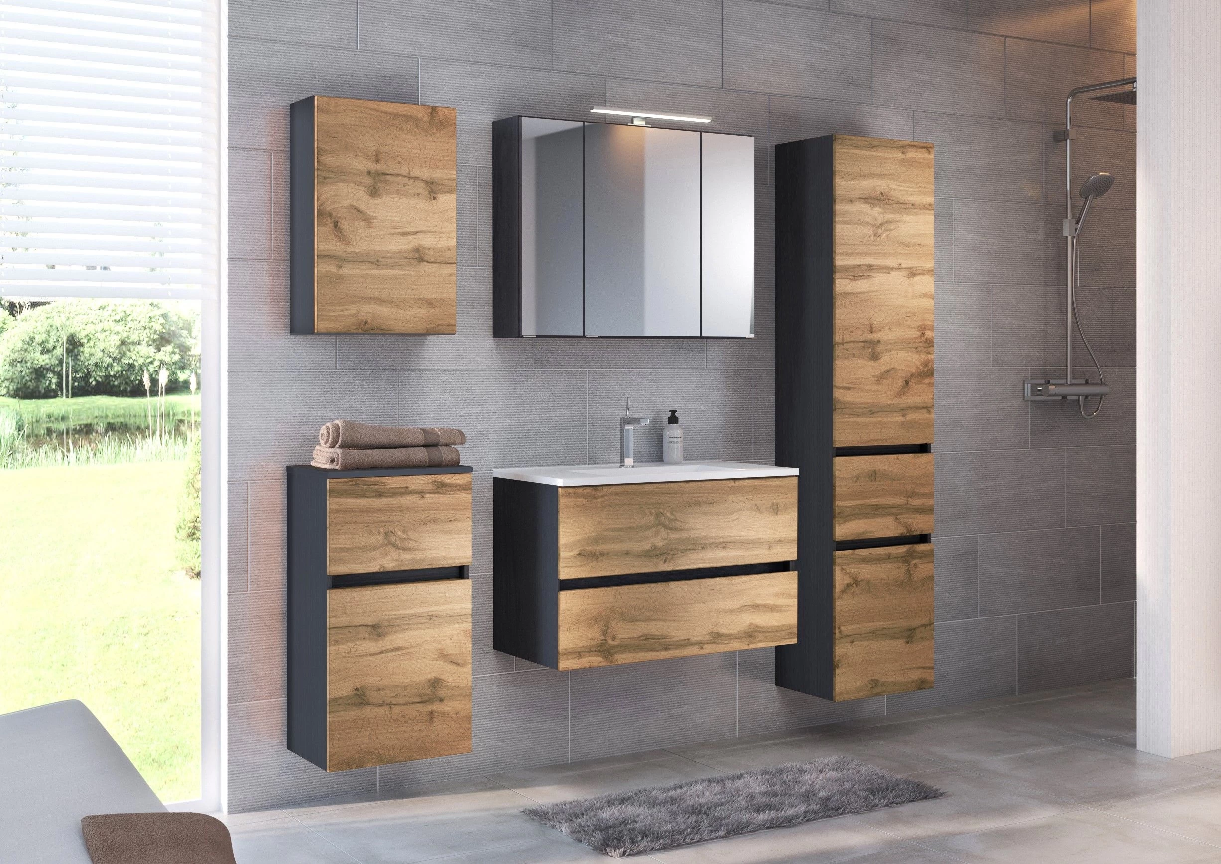 Meuble Vasque Luna 80cm 2 Tiroirs - Graphite/chêne 9 Meuble Vasque Luna 80cm 2 Tiroirs - Graphite/chêne – Image 9