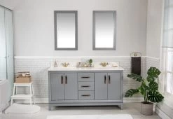 Jussara" Ensemble De Salle De Bain | Bois Massif | Vasque En Quartz Blanc | Miroir Flotal | Gris Foncé
