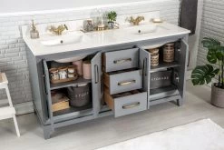 Jussara" Ensemble De Salle De Bain | Bois Massif | Vasque En Quartz Blanc | Miroir Flotal | Gris Foncé -Magasin De Meubles 138JSR1198 20 203 9530