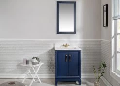 Jussara Ensemble De Salle De Bain 2pc | Bleu Foncé | 100% Bois Massif | Quartz Blanc | Poignées En Bronze