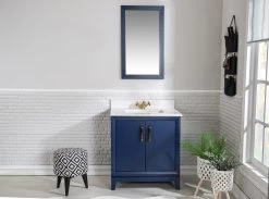Jussara" Ensemble De Meubles De Salle De Bains | Bleu Foncé | 2 Pièces, Bois Massif, Comptoir En Quartz