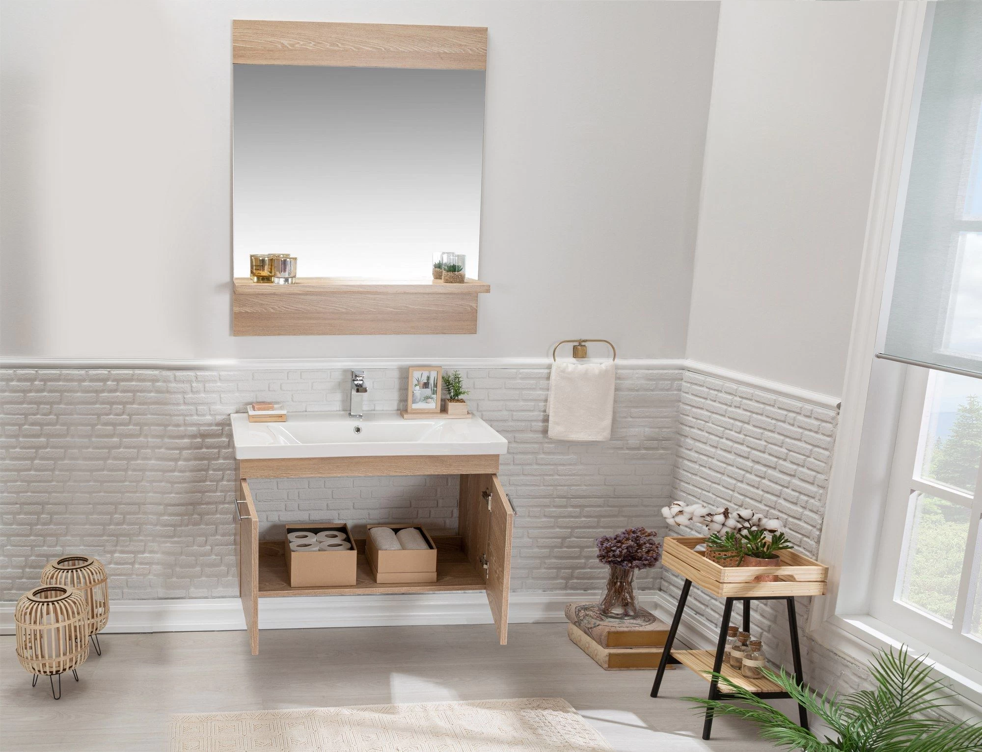 Jussara" Ensemble De Salle De Bains | MDF Mélaminé | Vasque En Céramique | Poignées Chromées | Chêne Blanc 9 Jussara" Ensemble De Salle De Bains | MDF Mélaminé | Vasque En Céramique | Poignées Chromées | Chêne Blanc – Image 9