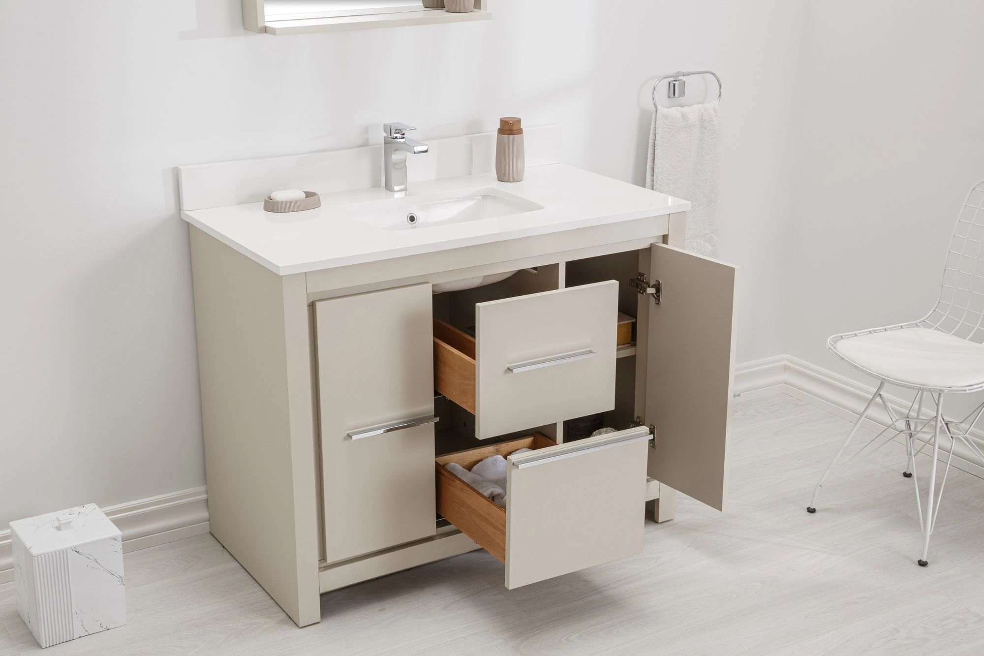 Jussara - Ensemble De Meubles De Salle De Bains | MDF Laqué | Plan En Quartz Et Vasque En Porcelaine | Beige 6 Jussara - Ensemble De Meubles De Salle De Bains | MDF Laqué | Plan En Quartz Et Vasque En Porcelaine | Beige – Image 6