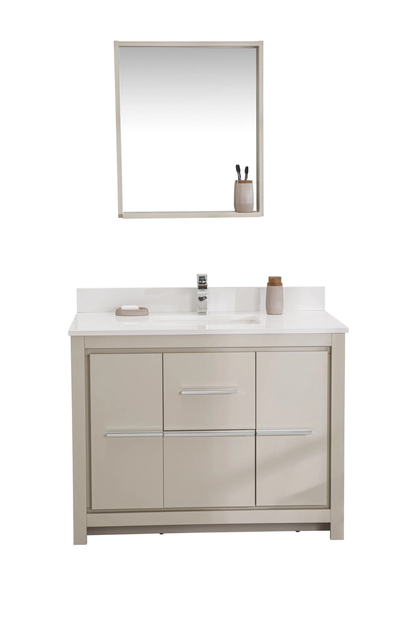 Jussara - Ensemble De Meubles De Salle De Bains | MDF Laqué | Plan En Quartz Et Vasque En Porcelaine | Beige 2 Jussara - Ensemble De Meubles De Salle De Bains | MDF Laqué | Plan En Quartz Et Vasque En Porcelaine | Beige – Image 2