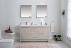 Jussara Ensemble De Salle De Bain | Bois Massif, Plan En Quartz Blanc, Beige, 3 Pièces