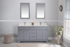 Jussara Ensemble De Meubles De Salle De Bain - 3 Pièces | 100% Bois Massif | Comptoir En Quartz Blanc | Couleur Grise
