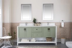 Jussara Ensemble De Meubles De Salle De Bain | 3 Pièces | Vert | 100% MDF | Comptoir En Quartz | Tiroir En Bois Marin | Miroir Flotal