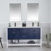Jussara" Ensemble De Meubles De Salle De Bain | Bleu Foncé | 3 Pièces En Bois Massif | Comptoir En Quartz