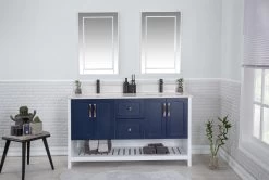 Jussara" Ensemble De Meubles De Salle De Bain | Bleu Foncé | 3 Pièces En Bois Massif | Comptoir En Quartz