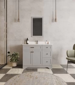 Jussara Ensemble De Salle De Bain : 2 Pièces | Bois Massif | Comptoir En Quartz | Gris