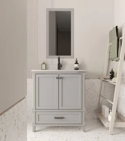 Ensemble De Meubles De Salle De Bain Jussara | Gris | Comptoir En Quartz Et Tiroir En Bois Marin