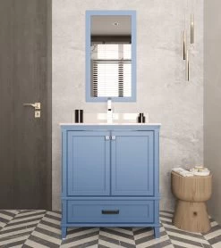 Jussara Ensemble De Meubles De Salle De Bain - Bleu | 2 Pièces | 100% MDF | Comptoir En Quartz | Tiroir En Bois Marin | Miroir Flotal