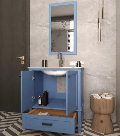 Jussara Ensemble De Meubles De Salle De Bain - Bleu | 2 Pièces | 100% MDF | Comptoir En Quartz | Tiroir En Bois Marin | Miroir Flotal -Magasin De Meubles 138JSR1382 20 204 524c