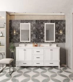 Jussara" Ensemble De Meubles De Salle De Bains | 3 Pièces | 100% MDF | Comptoir En Quartz Blanc