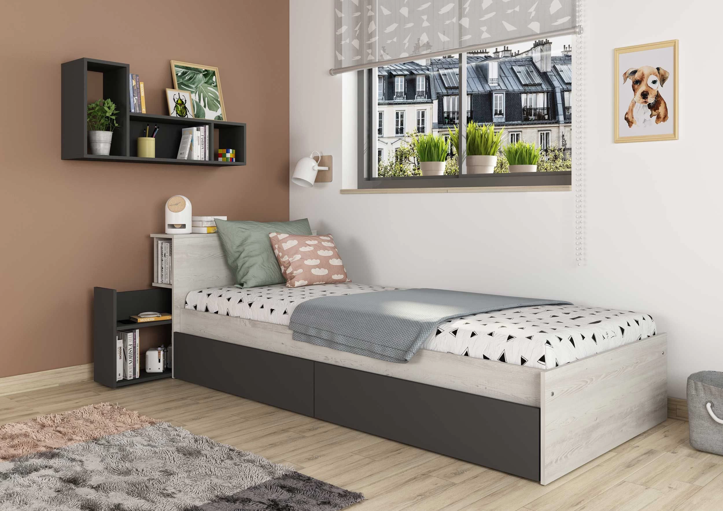 Lit Simple Kazim 90x200 Avec Espaces De Rangement - Gris 2 Lit Simple Kazim 90x200 Avec Espaces De Rangement - Gris – Image 2