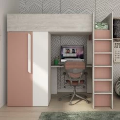 Lit Combiné Beau 90x200 Avec Bureau Et Armoire - Vieux Rose