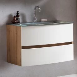 Meuble Vasque Kornel 80cm Avec Vasque Grise - Chêne/blanc Mat