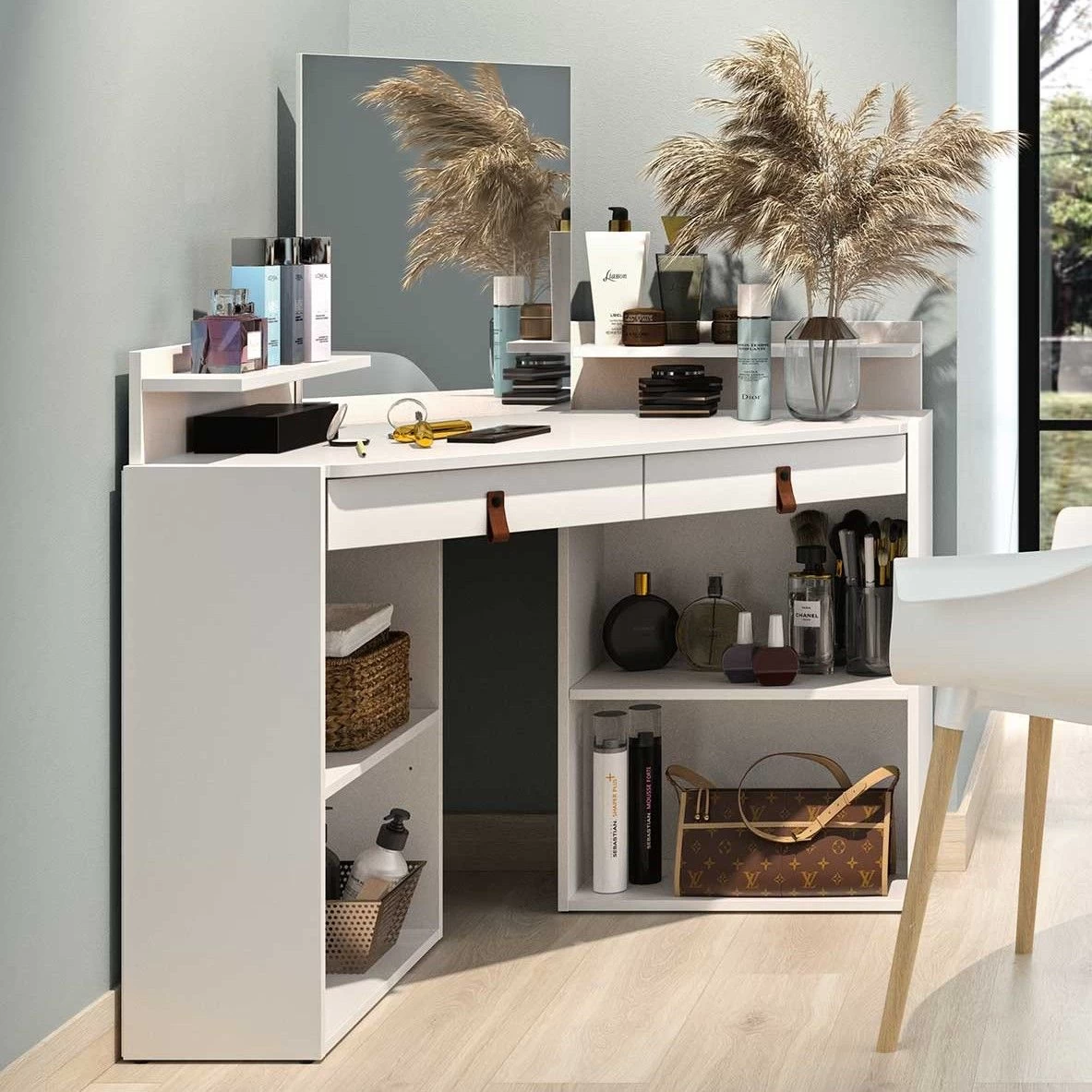 Coiffeuse Grab 90x90 à 2 Tiroirs - Blanc 1 Coiffeuse Grab 90x90 à 2 Tiroirs - Blanc