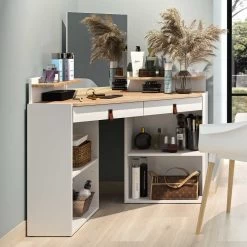 Coiffeuse Grab 90x90 à 2 Tiroirs - Blanc/chêne