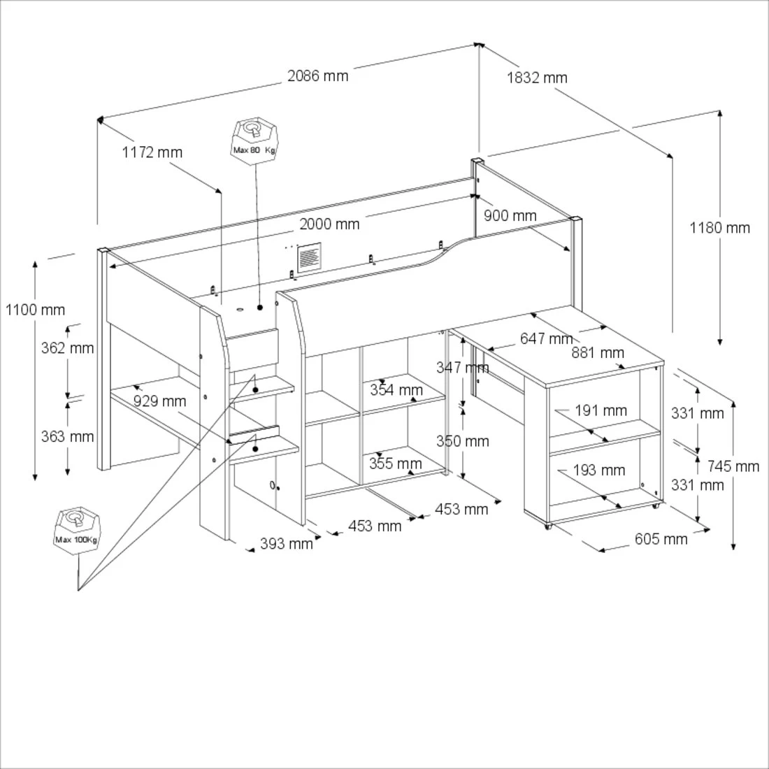 Lit Combiné Moscon 90x200 - Blanc/chêne 10 Lit Combiné Moscon 90x200 - Blanc/chêne – Image 10