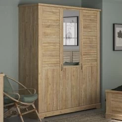 Armoire Wanda 170 Cm 3 Portes & Miroir - Châtaignier Marron