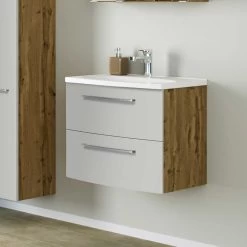 Meuble Lavabo Gene 60cm 2 Tiroirs - Chêne Wotan/gris Clair Mat
