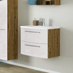 Meuble Lavabo Gene 60cm 2 Tiroirs - Chêne Wotan/blanc Brillant