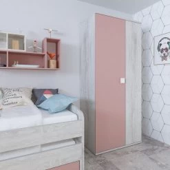 Armoire Bo0 Avec 2 étagères, Tringle à Vêtements Et Poignée De Porte Carrée - Pin/rose Ancien