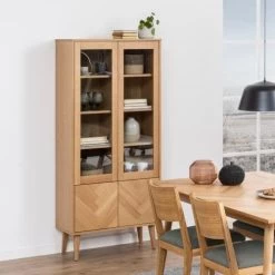 Vitrine Nalini 80cm, 4 Portes Motif à Chevrons - Chêne Massif Et Placage De Chêne