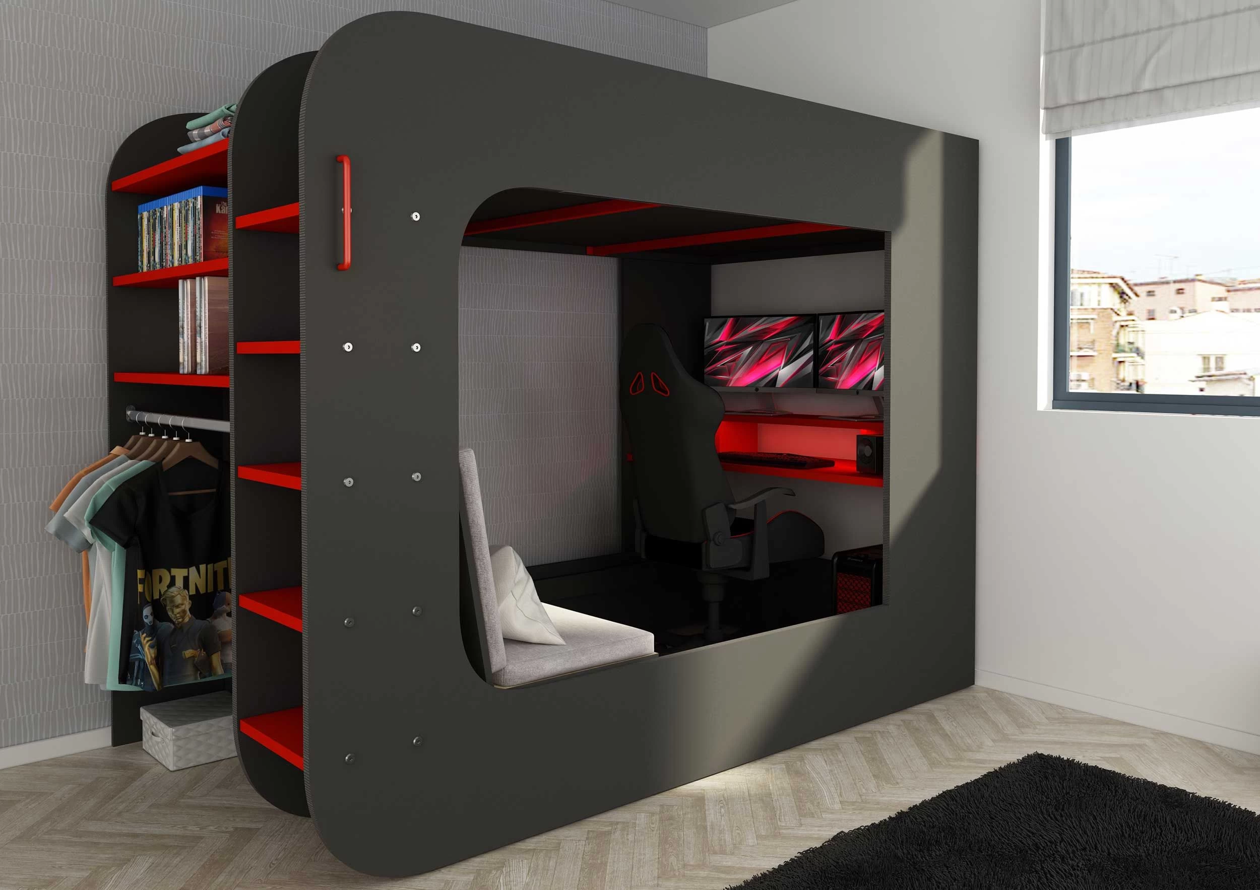 Lit Mezzanine Graham Avec Bureau Gamer 120x200cm - Anthracite/rouge 5 Lit Mezzanine Graham Avec Bureau Gamer 120x200cm - Anthracite/rouge – Image 5
