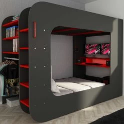 Lit Mezzanine Graham Avec Bureau Gamer 120x200cm - Anthracite/rouge
