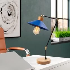 Lampe De Table Contemporaine Bleue | Corps En Métal, Base En Bois | 24cm De Diamètre, 52cm De Hauteur
