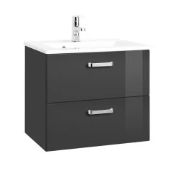 Meuble Vasque Bobbi 60cm Avec 2 Tiroirs Et Vasque Céramique - Graphite/gris Brillant
