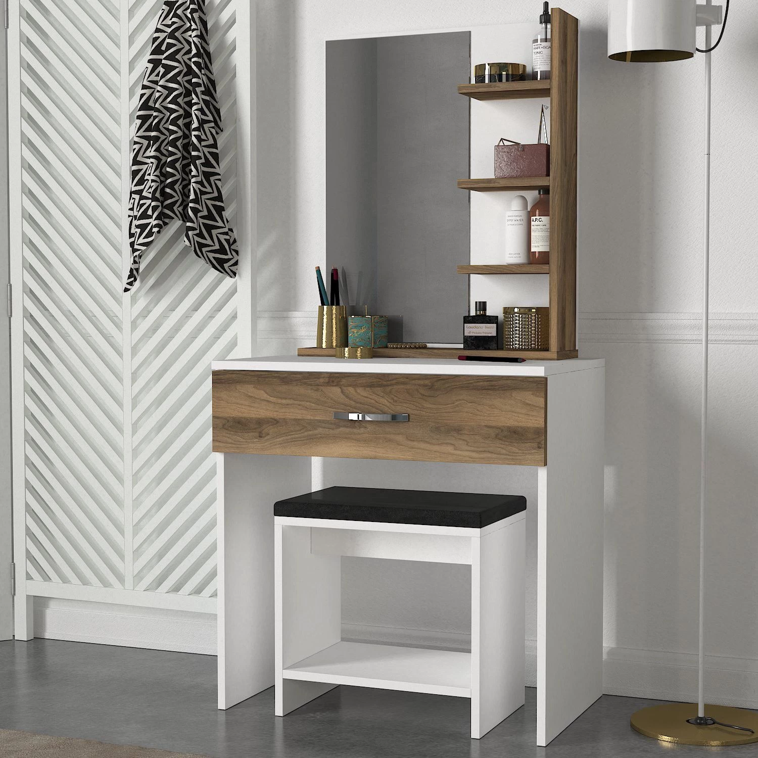 Furny Home Table De Maquillage | 100% Mélaminé | Miroir Inclus | Noyer Blanc 1 Furny Home Table De Maquillage | 100% Mélaminé | Miroir Inclus | Noyer Blanc