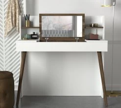 Tera Home Table De Maquillage | 100% Mélaminé | Miroir Inclus | Noyer Blanc