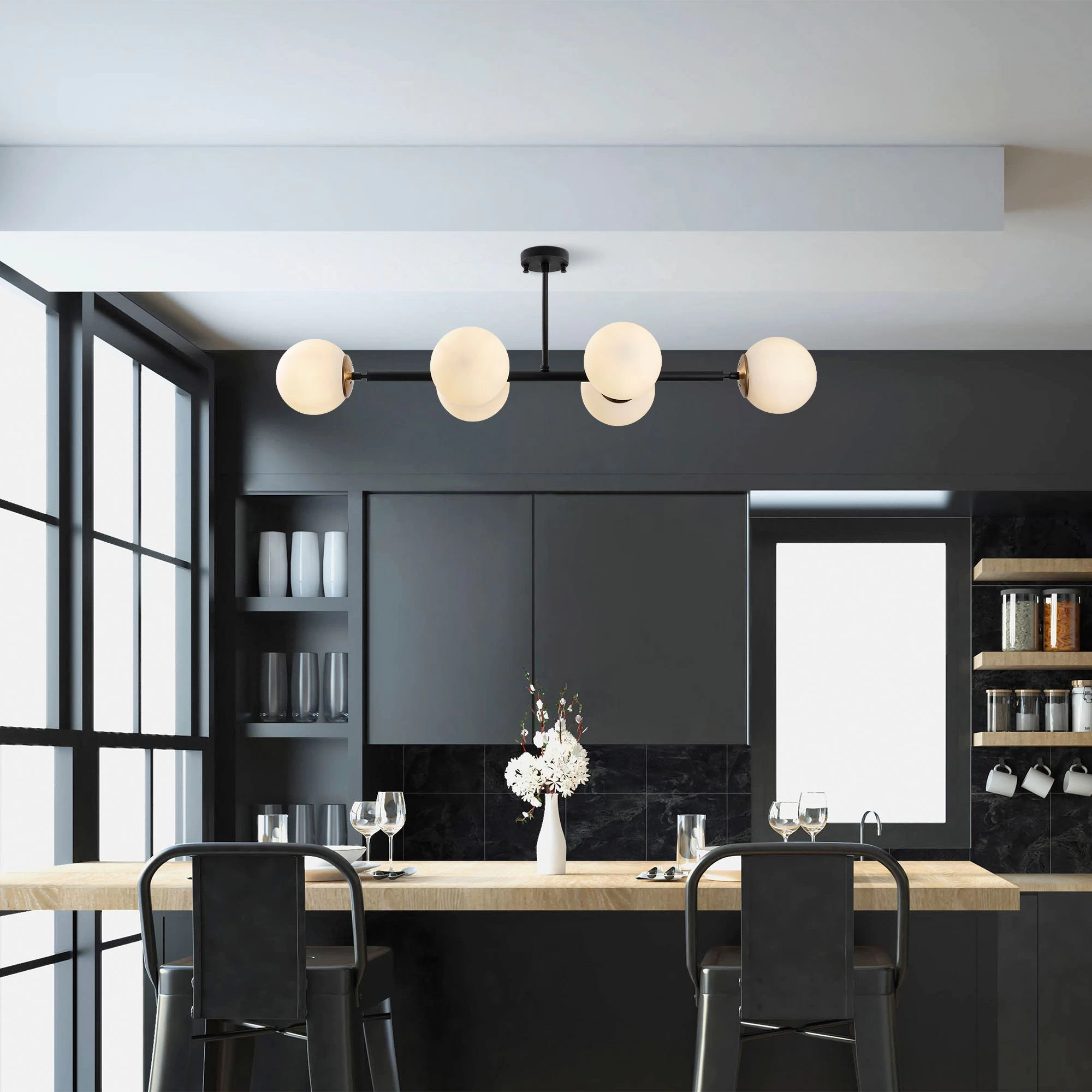 Lustre Fulgor" - Corps En Métal - Chapeau En Verre - Taille 110 Cm - Noir Antique - Crème 1 Lustre Fulgor" - Corps En Métal - Chapeau En Verre - Taille 110 Cm - Noir Antique - Crème