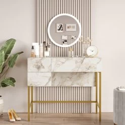 Locelso Table De Maquillage | 18mm D'épaisseur | 88cm De Largeur | Or Blanc