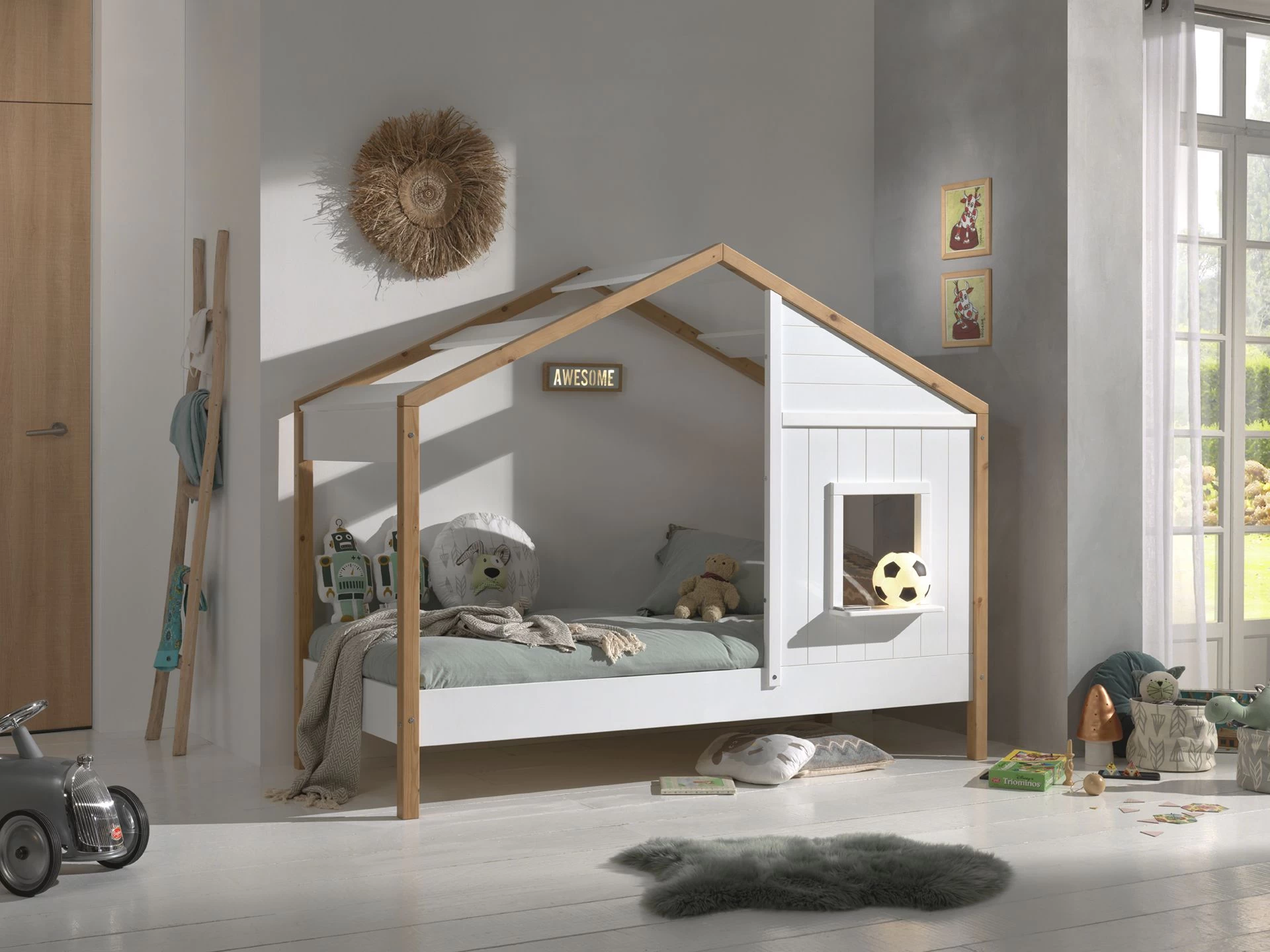 Lit Cabane Bambino 90x200cm MDF Et Pin - Blanc/naturel 4 Lit Cabane Bambino 90x200cm MDF Et Pin - Blanc/naturel – Image 4