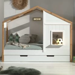 Lit Maison Bambino 90x200 Avec Tiroir De Lit MDF Et Pin - Blanc/naturel