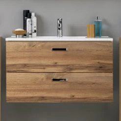 Meuble Vasque Bobbi 80cm Avec 2 Tiroirs Et Vasque Céramique - Chêne