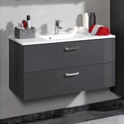 Meuble Vasque Bobbi 90cm 2 Tiroirs - Graphite/gris Brillant