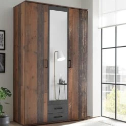 Armoire à Vêtements Ellis 120cm à 3 Portes & 2 Tiroirs - Vieux Style/béton