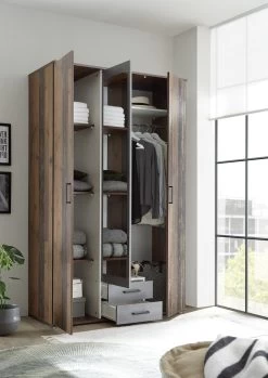 Armoire à Vêtements Ellis 120cm à 3 Portes & 2 Tiroirs - Vieux Style/béton -Magasin De Meubles Chicago KS offen 58 138 X8 0601