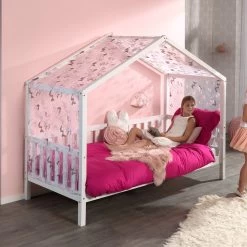 Lit Cabane Dallas 2 90x200 Avec Voile à Motif De Papillons - Blanc/rose