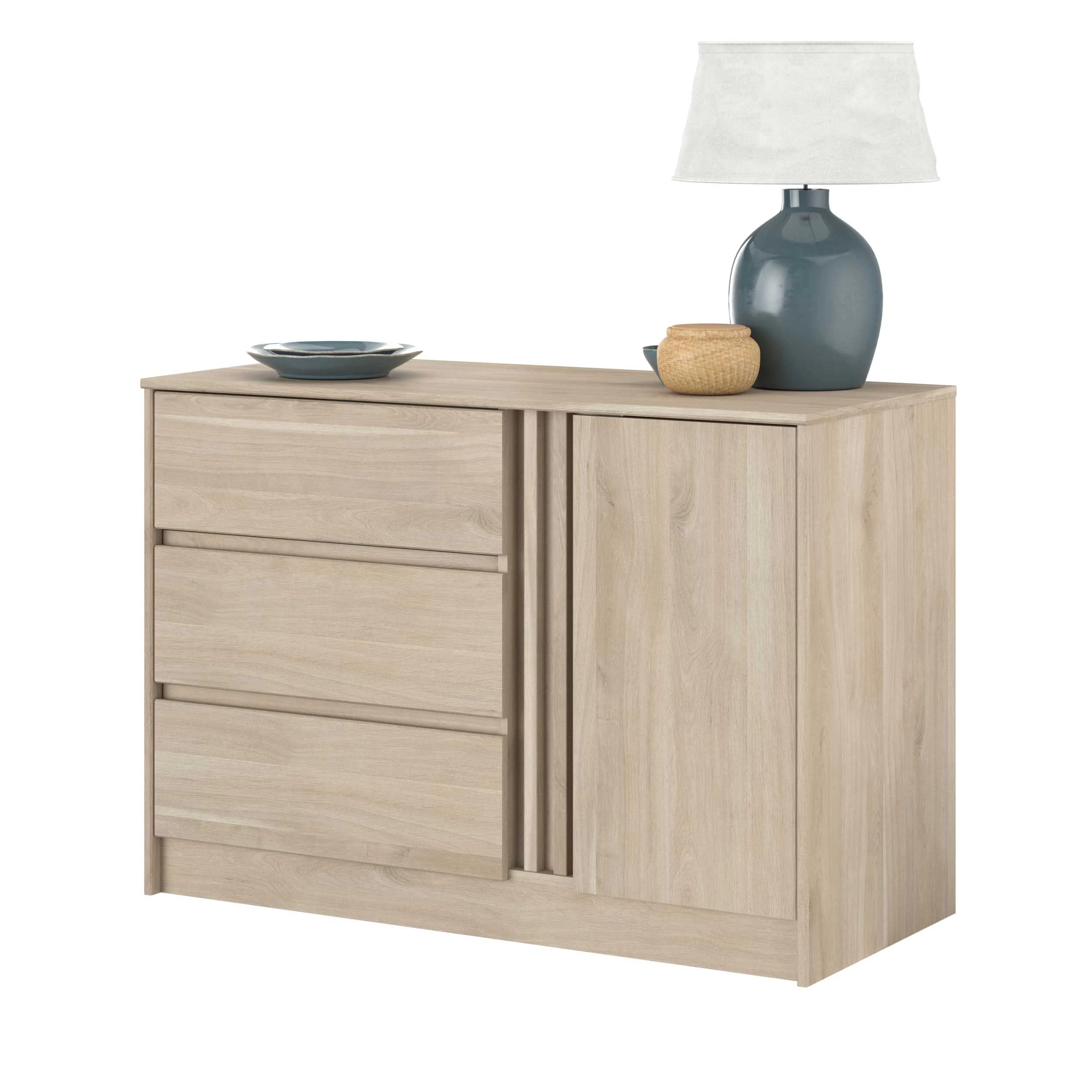 Commode Tokio 77cm-3 Tiroirs, 1 Porte Tournante, 1 étagère-décor Chêne 2 Commode Tokio 77cm-3 Tiroirs, 1 Porte Tournante, 1 étagère-décor Chêne – Image 2