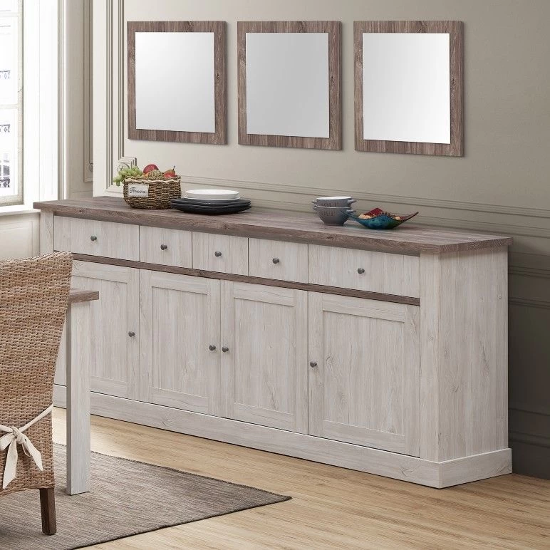 Bahut Elayza 220cm, 4 Portes & 5 Tiroirs - Chêne Blanc 1 Bahut Elayza 220cm, 4 Portes & 5 Tiroirs - Chêne Blanc