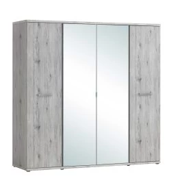 Armoire Forever 220cm Avec 4 Portes & Miroir - Chêne Gris