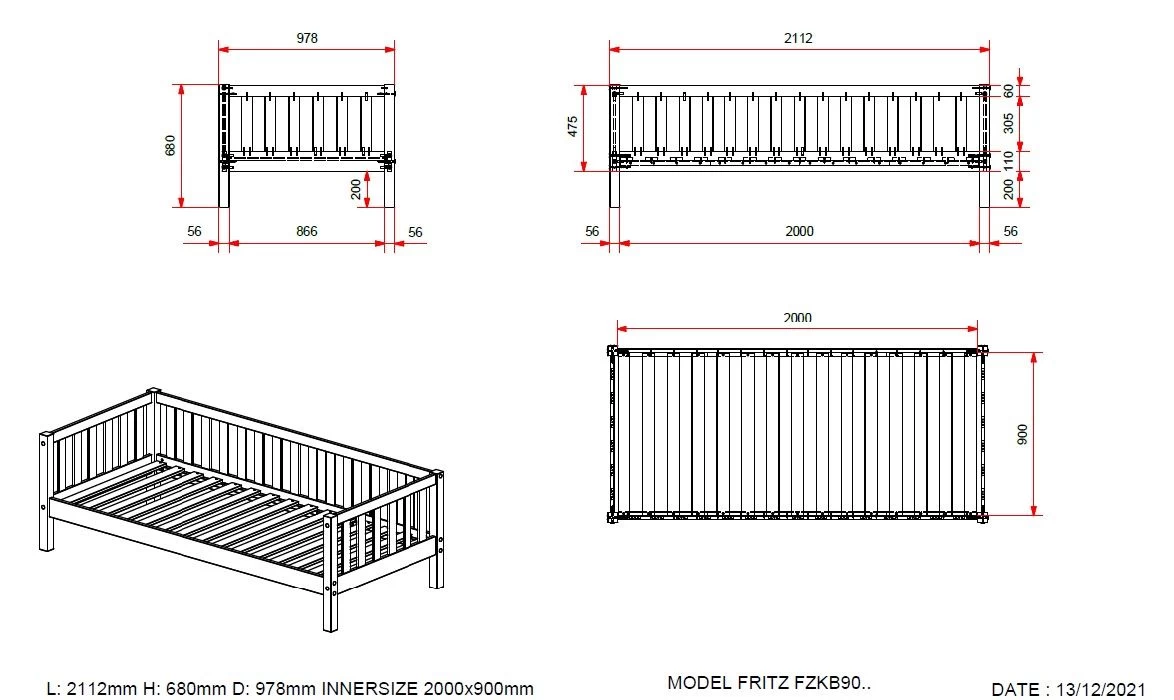 Lit Banquette Friedrich 90x200 Bois Pin - Pin Blanchi 2 Lit Banquette Friedrich 90x200 Bois Pin - Pin Blanchi – Image 2