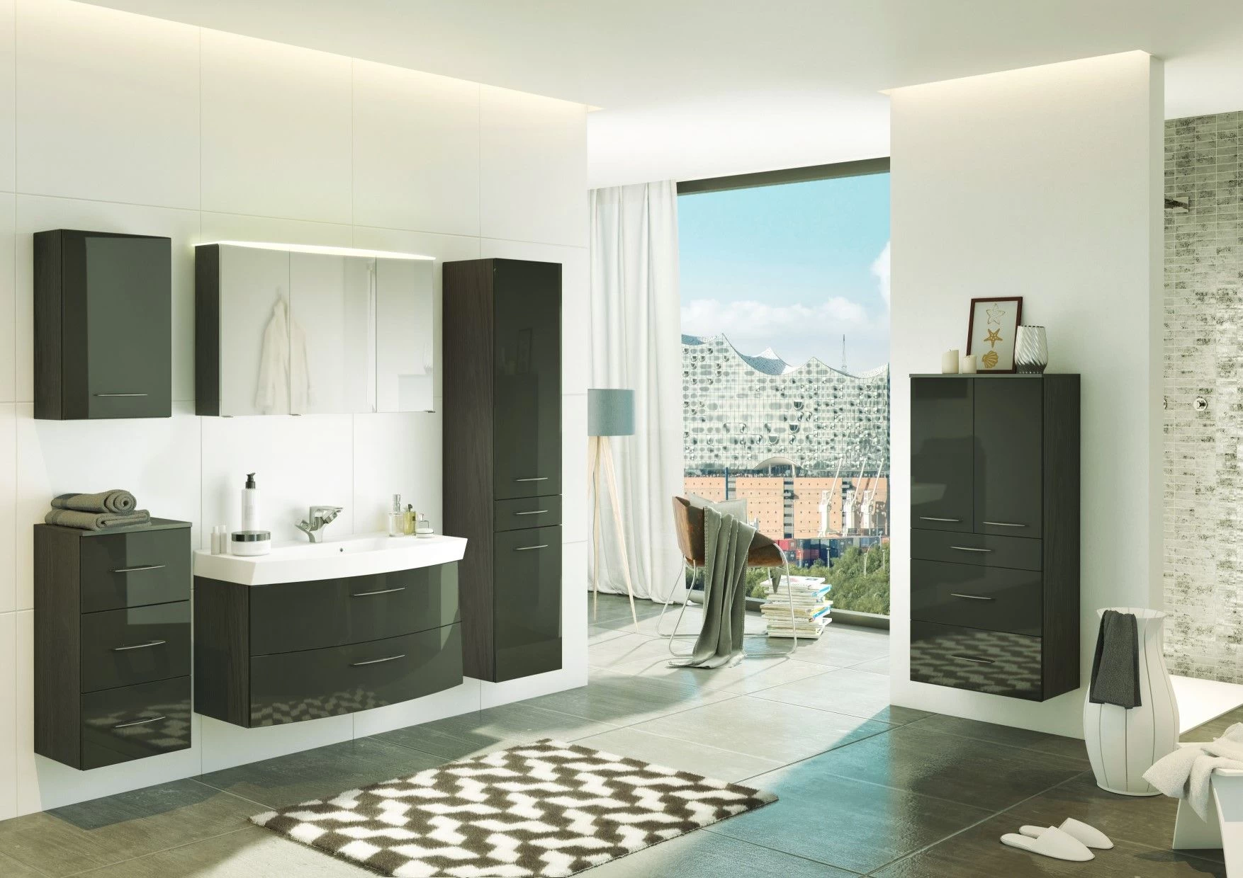 Colonne Florent 40cm Avec 2 Portes & Tiroir - Graphite/gris Brillant 2 Colonne Florent 40cm Avec 2 Portes & Tiroir - Graphite/gris Brillant – Image 2